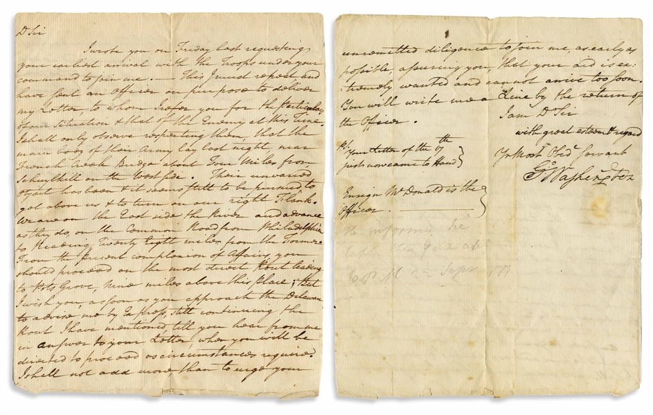 George Washington Letter Signed During the Revolutionary War's Philadelphia Campaign -- ''...your aid is extremely wanted and cannot arrive too soon...''